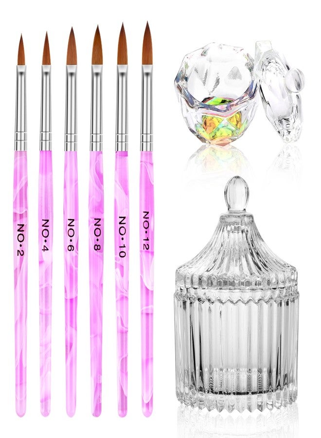 LIONVISON Acrylic Nail Brush Dappen Dish Set - 6Pcs Acrylic Nail Brush and 2Pcs Crystal Dappen Dish with Lid for Acrylics Nails, Monomer Dishs Nail Glass Cup Nail Art Brushs Set for Acrylics Nails Liquid Powder - Image 1